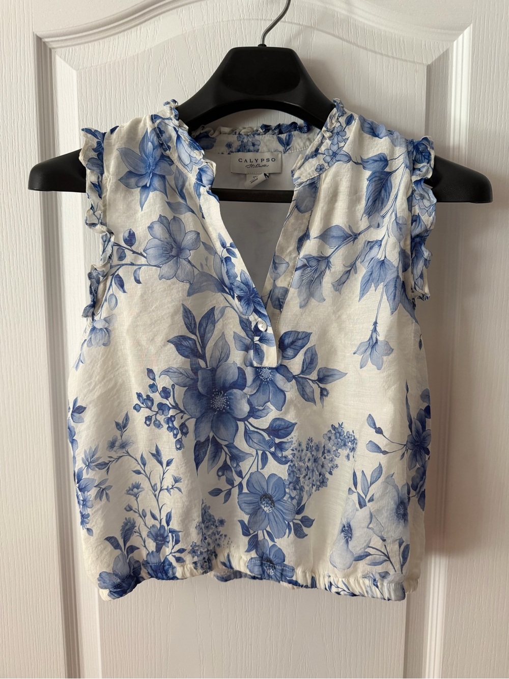 Calypso St. Barth White and Blue Floral Ruffle-Trim Camisole